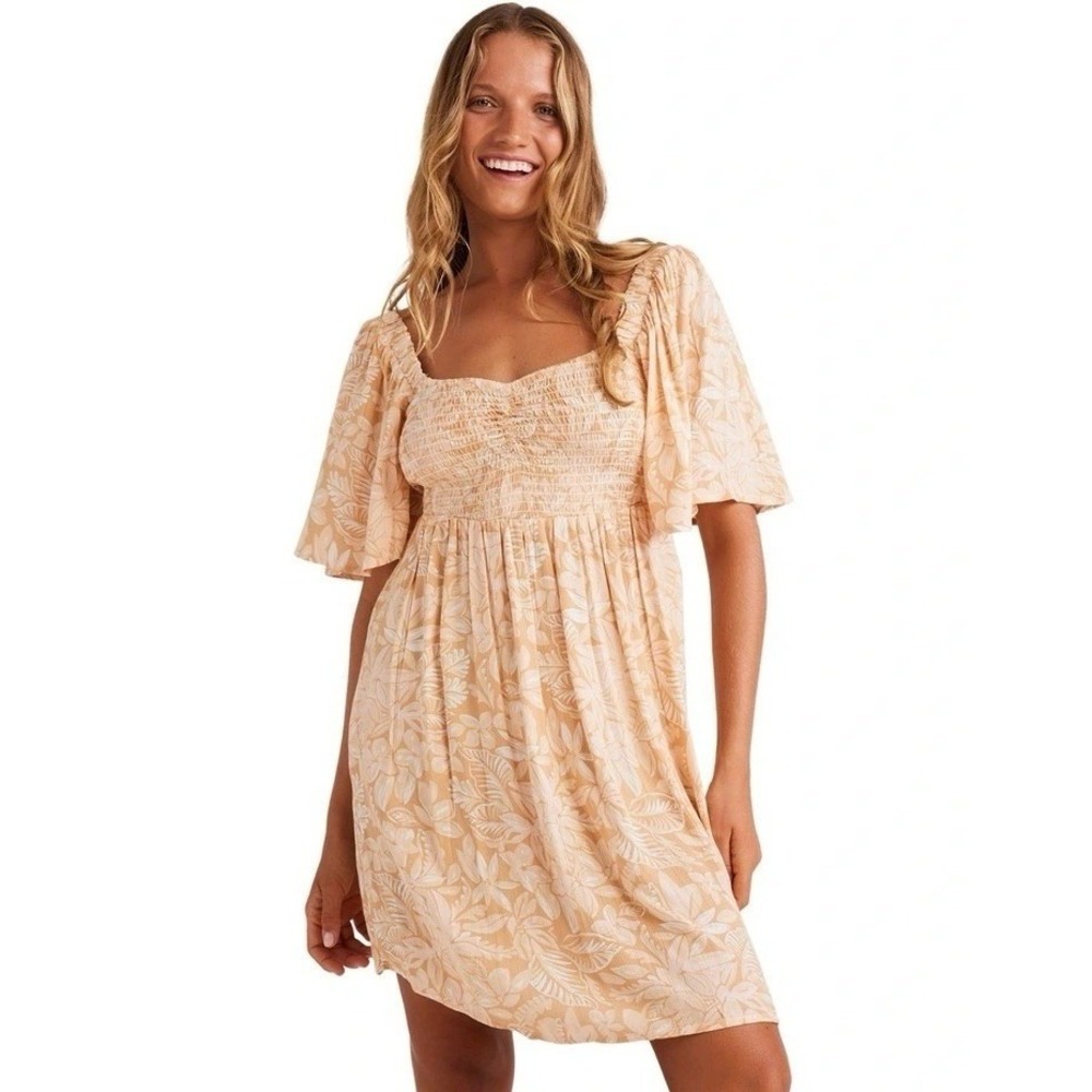 Billabong Tropical Floral Mini Dress Womens Medium Apricot Boho Smocked Summer